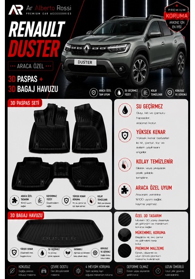 Renault Duster E-tech Full Hybrid 2024-2026 Araca Özel 3d Paspas + 3d Bagaj Havuzu