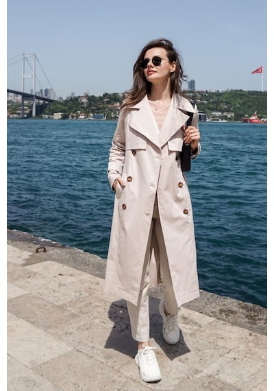 Pastelastore Esnek Pamuk Gabardin Uzun 110cm Astarsız Kadın Trençkot 1117 Taş Rengi Taş