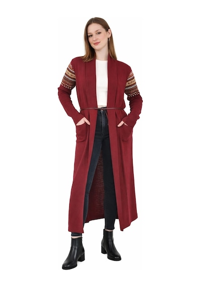 Onno Style Woman Standart Beden Kilim Desenli Uzun Triko Ceket Bordo