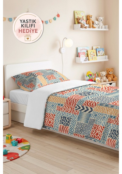 Mavi Geometrik Genç Odası Tek Kişilik Pike Takımı-bohem Kiremit Bej 160x220 Cm Kapitone Yatak Örtüsü Mat Toprak Aurası