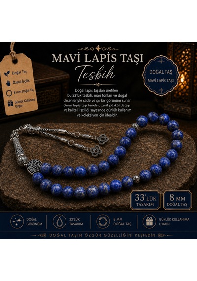 Lapis Lazuli Doğal Taş Tesbih 33 Lü 8 Mm Özel Kesim Mavi Tesbih