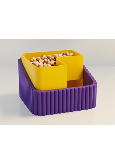 3d Baskı Fıstık Kasesi - Çift Hazneli Kabuk Ayırıcı Sunum Kasesi - Mor Sarı