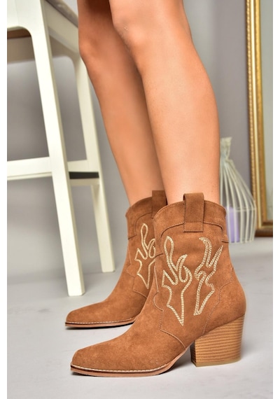 Fox Shoes T296112002 Taba Süet Kalın Topuklu Kadın Bot Taba-Süet Taba