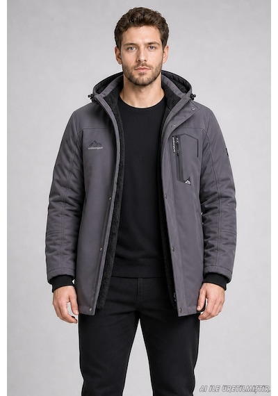 Freemen Erkek Kapüşonlu İçi Kürklü Su Ve Rüzgar Geçirmez Outdoor Softshell Mont-414 Gri