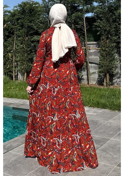 Rabia Şamlı Şal Desenli Elbise Kiremit Normal