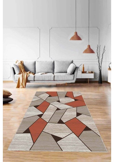 Tarçın Geometrik Kaymaz Taban Makinede Yıkanabilir Halı Wl09n11