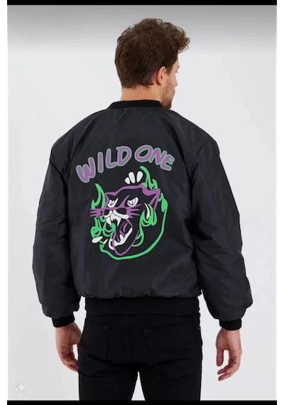 Wild One Baskılı Erkek Bomber Mont Panter Desenli, Fermuarlı, Kapitone Astarlı Ceket - Siyah Siyah