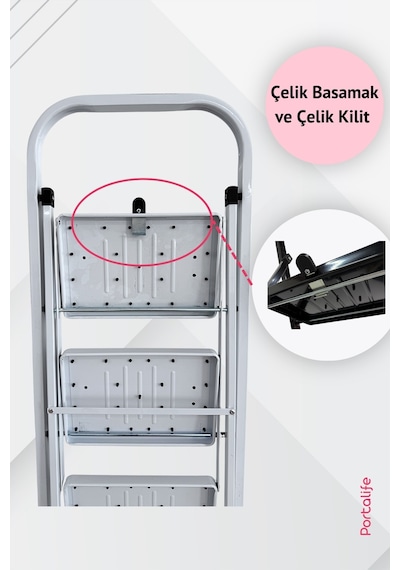 Portalife 2 Basamaklı Beyaz Çelik Merdiven Ekstra Güvenli & Ultra İnce Katlanabilir Tasarım