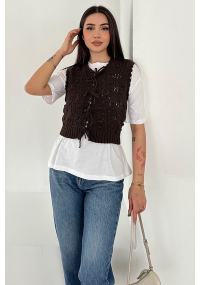 Noa & Noa Kadın Ponponlu Bağlamalı Triko Süveter Dokulu & Romantik Stil Kahverengi