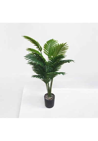 Yapay Ağaç Salon Bitkisi Areka Palmiye Krem Saksıda 80cm 18 Yaprak Plastik Yeşil