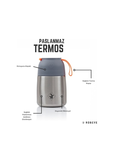 Robeve 450ml Bebek Mama Saklama Termosu Vakumlu Çift Taraflı Termos Gri