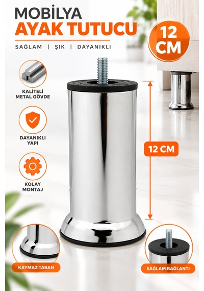 Mobilya Kanepe Baza Koltuk Destek Yükseltme Yükseltici Ayağı M8 Civatalı Krom Metal Ayakları 12 Cm.