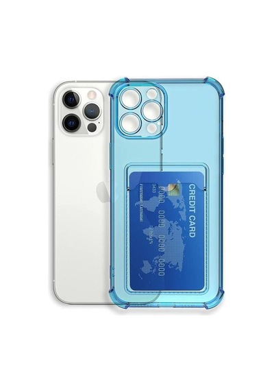 Apple iPhone Uyumlu 14 Pro Kılıf Kartlıklı Darbe Korumalı Silikon + Ekran Koruyucu Nanon Mavi Açık