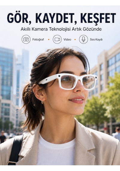 Beyaz Akıllı Kamera Gözlüğü Fotoğraf Video Çekimli Bluetooth Aramalı Aı Destekli 3 Değiştirilebilir Lensli