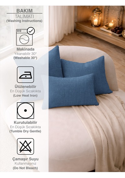 Br Perle İndigo Keten Dokulu Dekoratif Kırlent Kılıfı Modern Salon Koltuk Yastığı