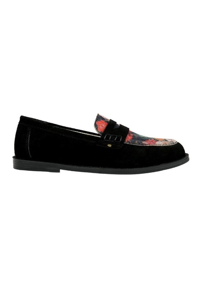 Kadın Vegan Deri Siyah Loafer - Black Floral Tasarım Çok Renkli