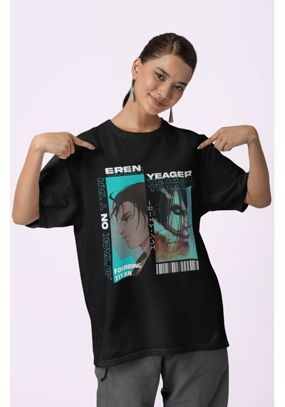 Eren Yeager Founding Titan Baskılı Unisex Oversize Attack On Tita Siyah