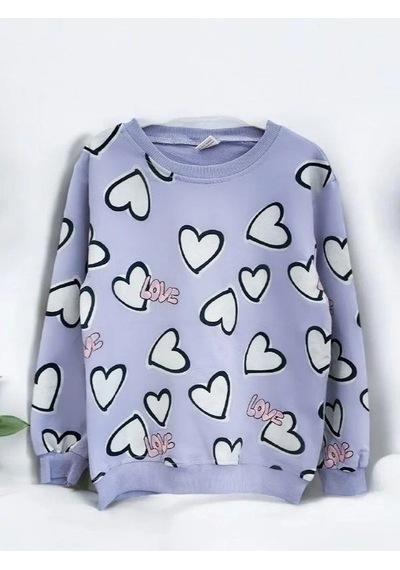 Kız Çocuk Kalp Desenli Pamuklu Sweatshirt-14301 Lila
