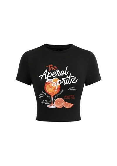 Noıssey Aperol Spritz Retro Kokteyl Baskılar Kırpma T-shirt Kadın Sıkı T Shirt O-boyun Yüksek Elastik Siyah
