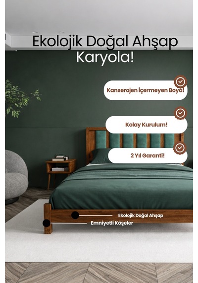 Ori On Çağla Yeşili Puf Başlıklı Masif Ahşap Ceviz 100x200