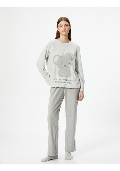 Koton Polar Pijama Altı Nakışlı Beli Lastikli Gri 4wlk40113mk 4WLK40113MK039 Gri