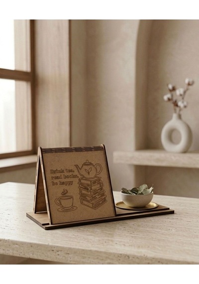 Kupa Tutuculu Üçgen Kitap Standı-drink Tea, Read Books, Be Happy