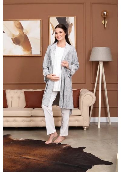 Birolgaye Bone Club 5706 Ekru Jakarlı 3lü Hamile Lohusa Pijama Sabahlık Tk