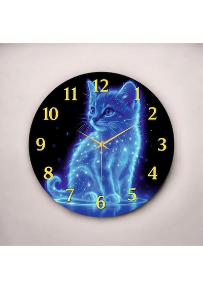 Renkli Baskı Kedi Dijital Desenli Sayılı Hediyelik Ahşap Sessiz Duvar Saati 50cm ÇOk Renkli