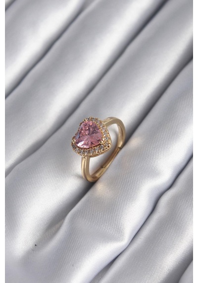 Pirinç Gold Renk Pembe Zirkon Taş Kalp Charm Model Kadın Yüzük Altın