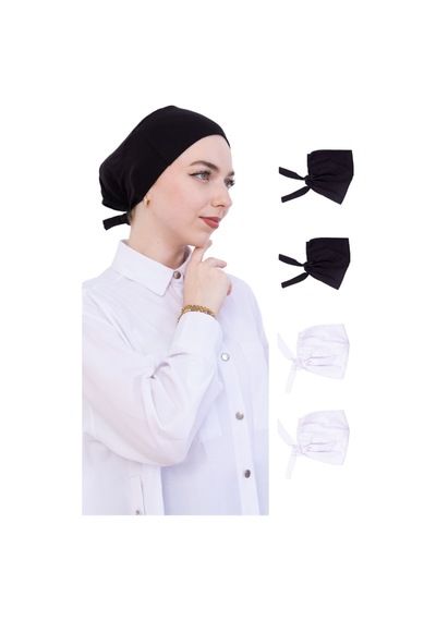 Modish Group Kadın Tesettür Bone Bağcıklı Dikişsiz Penye 4 Parça Set Siyah, Beyaz