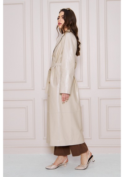 M M Marki Marki Kadın Hakiki Deri Trençkot Bej, V Yaka, Kuşaklı, Düğme Kapamalı, Oversize, 120 Cm - 117222