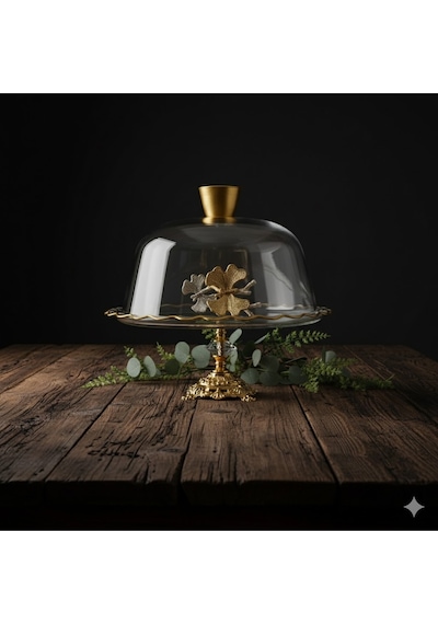 Çnr Home Collection Gold Metal Ayakli Cam Kapakli Kek Pasta Standi Fanus Gri