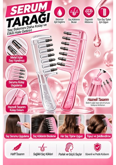 Mucit Home Serum Uygulama Tarağı Metal Uçlu Hazneli Saç Dibi Serum Tarağı Şeffaf Pembe
