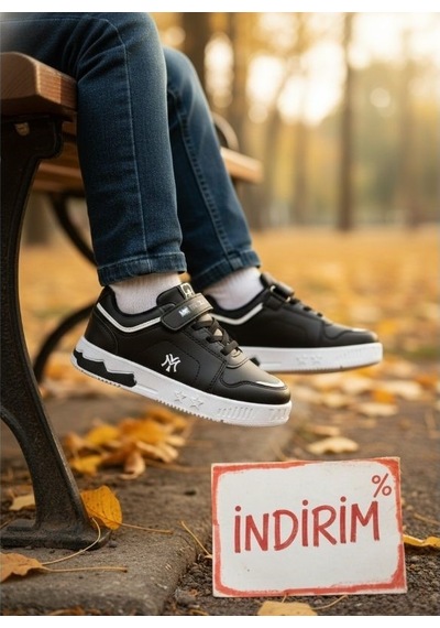 Erkek Ve Kız Çocuk Spor Ayakkabı Hafif Tabanlı Nefes Alabilir Günlük Rahat Sneaker Modeli Siyah - Beyaz