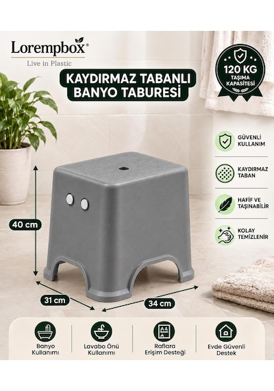 Tr Lorempbox Kaydırmaz Tabanlı Plastik Tabure 120 Kg Taşıma Kapasiteli Gri Genel