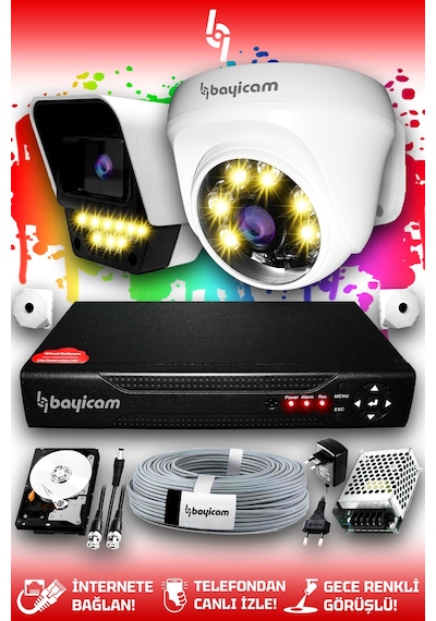Bayicam 2 Kameralı Süper 1 İç Kamera Set 320 GB 5 MP 2K Renkli Gece Görüşlü Güvenlik Kamerası Sistemi