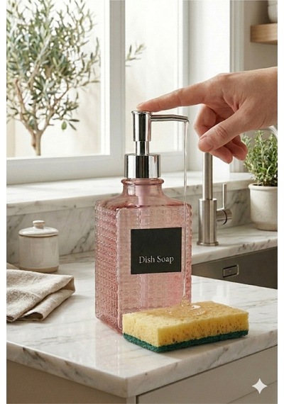 Premium Kare Desenli Silver Pompalı Cam Sıvı Sabunluk 500ml - 23 X 7 X 7 Cm Pembe