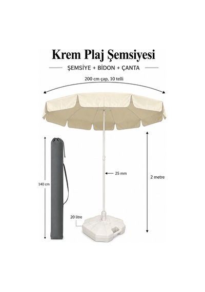 Şemsiye + Bidon + Çanta, Yaz Paketi - 2 Metre Çap Ve 10 Telli Krem Renk Şemsiye Bej