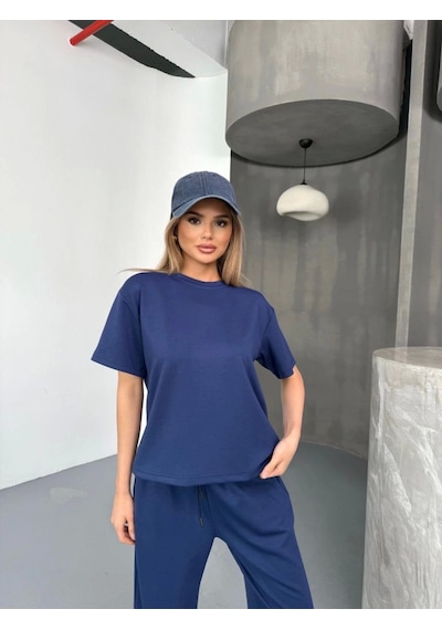 Buğrahayalin Osy Modal Yumuşak Dokulu Kumaş Kısa Kollu Bluz Rahat Pantalon Ikili Takım- Lacivert