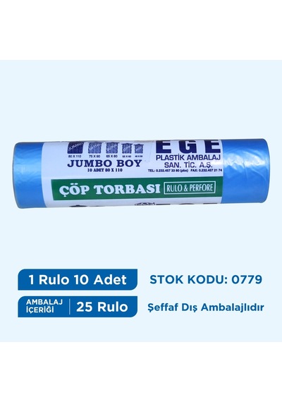Egeplast Çöp Torbası Jumbo Boy Mavi 80X110 Koli 25 Rulo