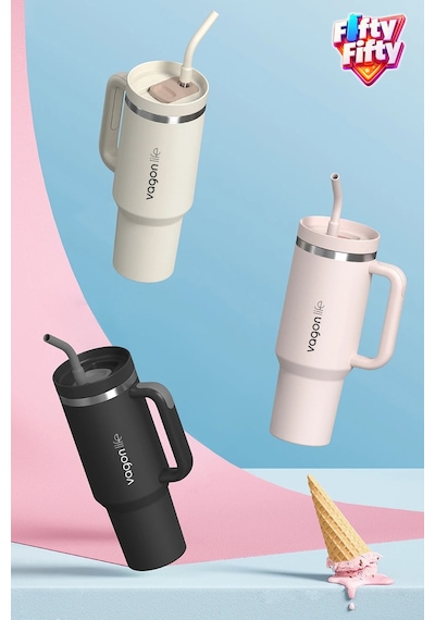 Tumbler Quencher Cup 1200 Ml Pipetli Rahat İçim Kulplu Sus304 Paslanmaz Çelik 1.2l Termos 1103-1200ml Siyah