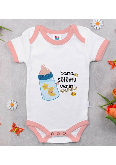 Bk Gift Bk Kids Bana Sütümü Verin Tasarımlı Pembe Bebek Body Zıbın-1 3-6 Ay Sarı