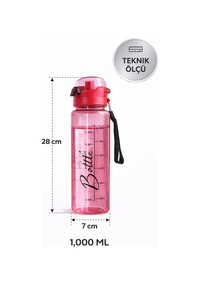 Pembe 1 Litre Suluk Matara Sızdırmaz Kilitli Kapaklı Bpa İçermez Okul Spor Su Şişesi 1000 Ml Askılı