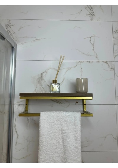 lyla concept Fulya Banyo Ahşap Raflı Gold Metal Havlu, Şal Askılık Ceviz Raf Gold