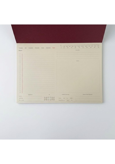Fark Tanıtım/paperto. Tarihsiz Günlük Planlayıcı, 29,7 21 Cm, 60 Yaprak, 110 Gr Ivory Kağıt, Bordo Kapak, Gü Genel