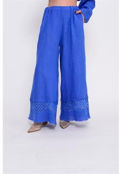 Eren Style İtalyan Fisto Paça Detaylı Keten Pantolon-9893 Mavi