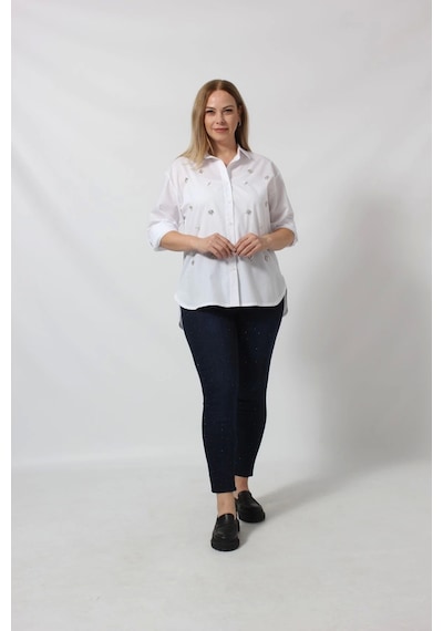 Moda Berray Beyaz Taş İşlemeli Şık Gömlek