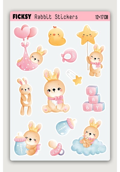 Sevimli Tavşan Sticker Seti - 12 Adet Etiket Çıkartma Diğer