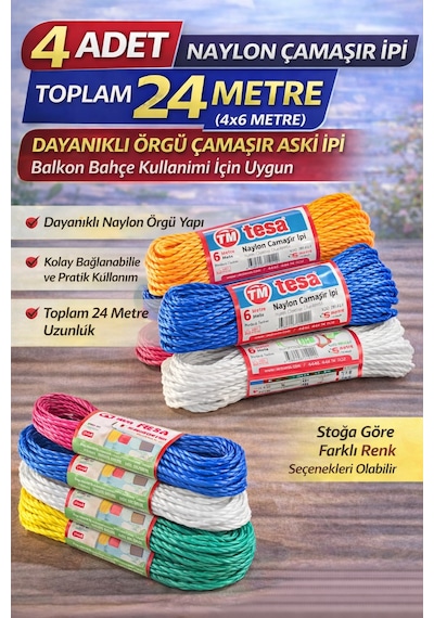 4 Adet Naylon Çamaşır İpi 6 Metre Dayanıklı Örgü Çamaşır Askı İpi Toplam 24 Metre Beyaz - Siyah