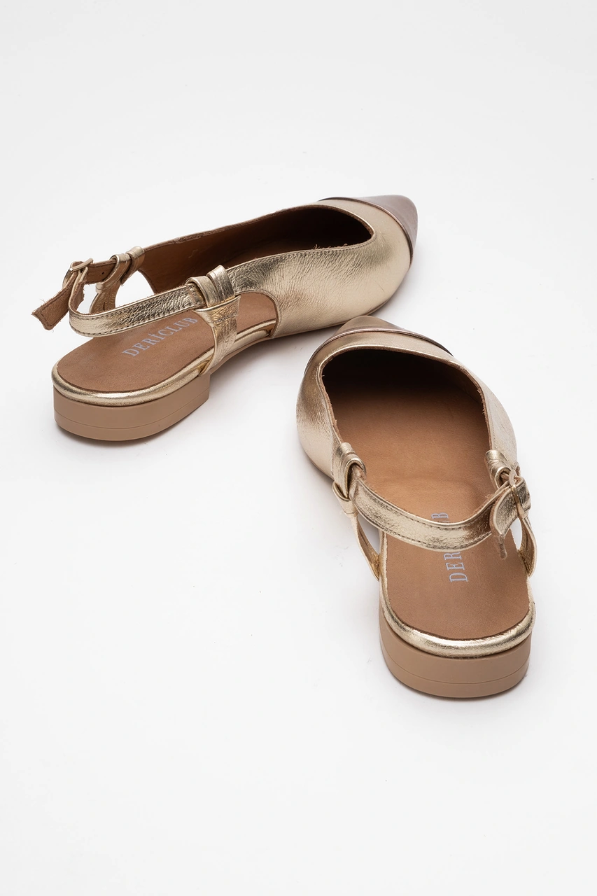 Dericlub Kadın Sivri Burun Açık Topuk Loafer Ayakkabı Gerçek Deri Fr 259713 Altın